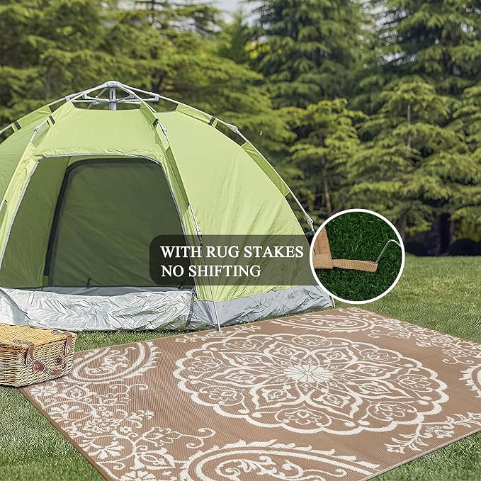 Pauwer Outdoor Rug 6x9, Waterproof Plastic Straw Camping Rug, Boho Brown | Reversible Patio Rug, UV Resistant Indoor Outdoor RV Mat Carpet For Deck, Camper, Porch, Balcony, Backyard, Picnic, Foldable