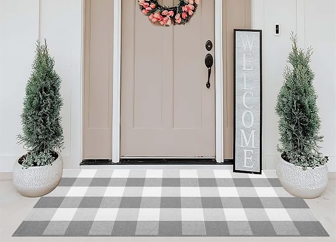 Grey and White Front Porch Rug 2'X4.3' Buffalo Plaid Outdoor Rug Cotton Woven Washable Indoor Outdoor Area Rug for Welcome Door Mat Entryway Dining Room Bedroom Living Room