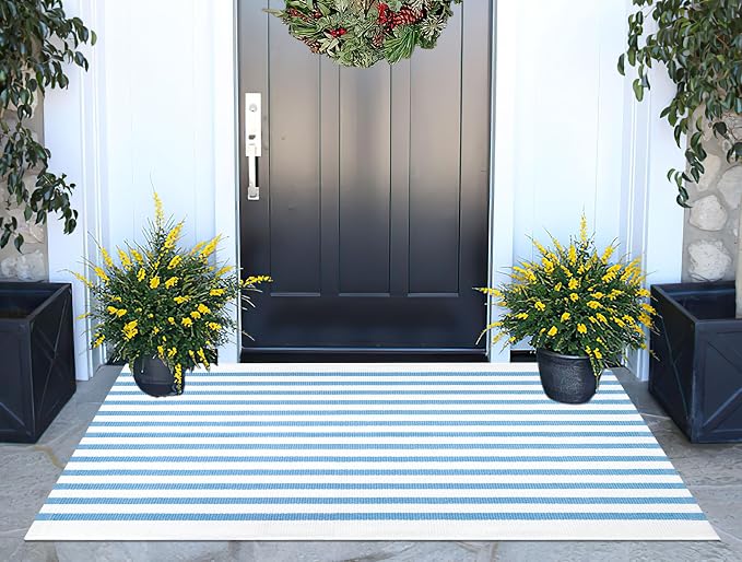 Light Blue White Outdoor Rug 2'x4.3',Striped Front Porch Rug Machine Washable Front Door Mat Entryway Throw Rug for Front Porch Indoor Outdoor Doormat