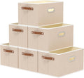 Yawinhe Foldable Storage Baskets for Shelves,16.9x11.8x10.2in,Beige,6-Pack | Collapsible Storage Bins for Towels, Container with Leather Handle for Organization, Fabric Rectangle Boxes for Home