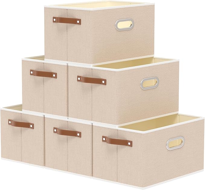Yawinhe Foldable Storage Baskets for Shelves,16.9x11.8x10.2in,Beige,6-Pack | Collapsible Storage Bins for Towels, Container with Leather Handle for Organization, Fabric Rectangle Boxes for Home