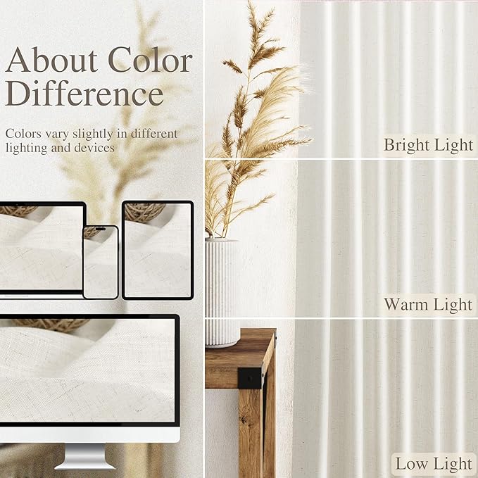 Nanspring Extra Long Curtains 2 Panels 111 Inches Long for Dinning Room Cream Back Tab Rod Pocket Light Filtering Semi Sheer Drapes Cotton Linen Textured Window Curtain for Bedroom 52x111