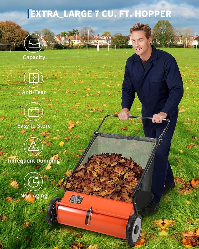 26-Inch Push Lawn Sweeper with 4-Brush System, Heavy-Duty Steel Frame, Height-Adjustable Leaf & Grass Collector, 7 Cu.ft. Mesh Bag, Ideal for Leaves, Grass, Yard & Garden Cleanup