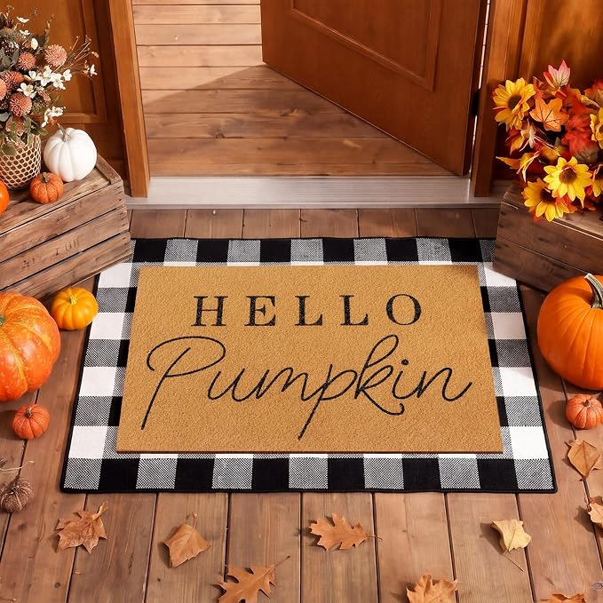 Tinideya 2 Pcs Door Mat Welcome Non Slip Coir Mats Floor Layering Doormats Seasonal for Front Porch Entryway Decor(Black White Plaid)