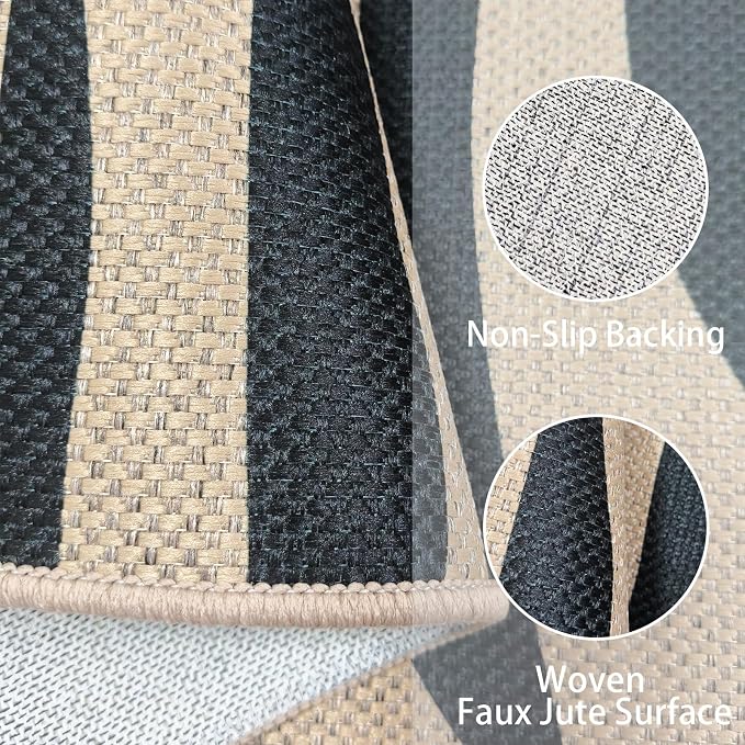 Faux Jute Rug 2.6x5Ft Half Circle Zebra Stripe Doormat Easy Jute Carpet for Farmhouse Bedroom Kitchen, Non-Slip Half Round Floor Mat for Living Room Kids Room Indoor Outdoor Decor, Black 6