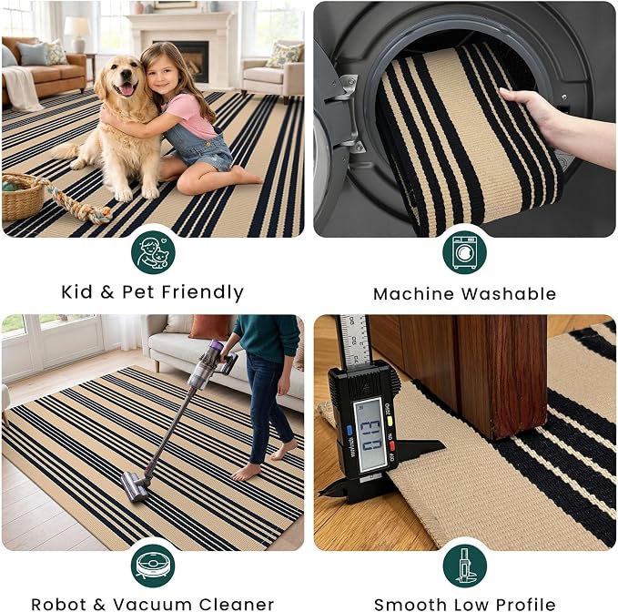 KOZYFLY Striped Rug 4x6 ft Front Door Rugs Cotton Woven Washable Indoor Outdoor Rug Brown Black Large Entrance Doormat for Front Porch Kitchen Patio Farmhouse Decor
