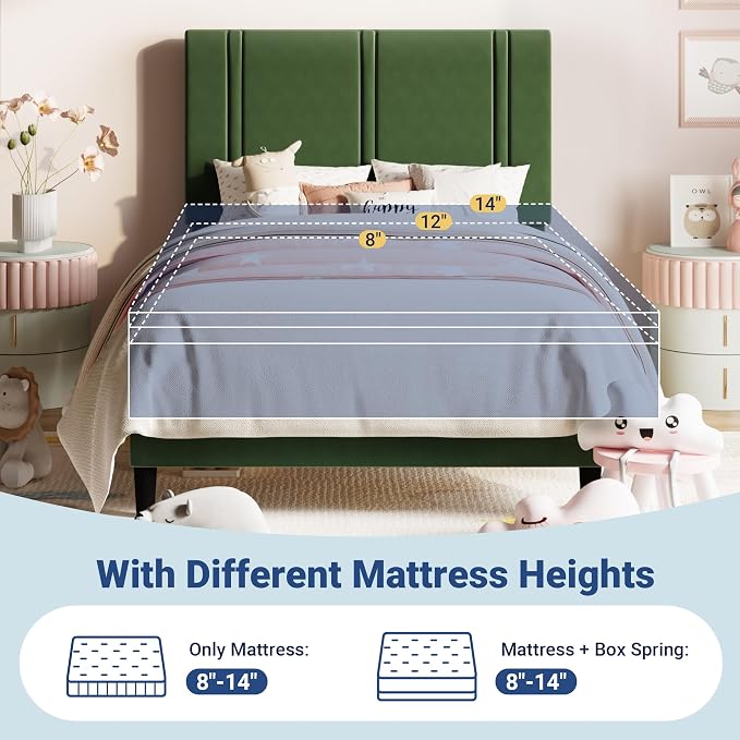 Allewie Twin Size Platform Bed Frame with Adjustable Headboard | Plush Velvet Upholstered, Vertical Channel Tufted, Sturdy Wood Slats, No Box Spring Needed, Easy Assembly, Green