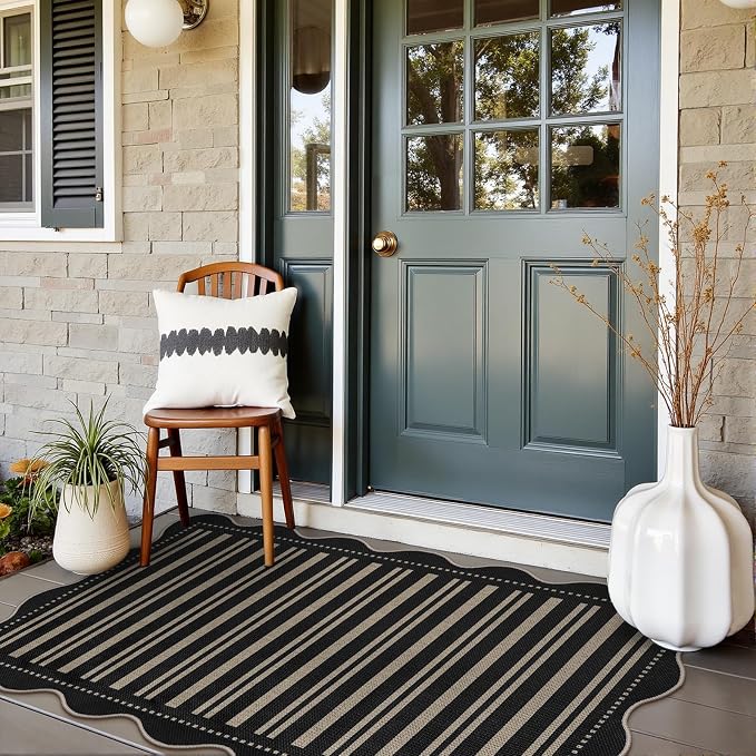 Striped Easy Jute Outdoor Patio Rug, 3x5 Washable Rugs for Entryway Indoor Outdoor Living Room Area Rug, Farmhouse Non Slip Black Carpet for Backyard Bedroom Porch