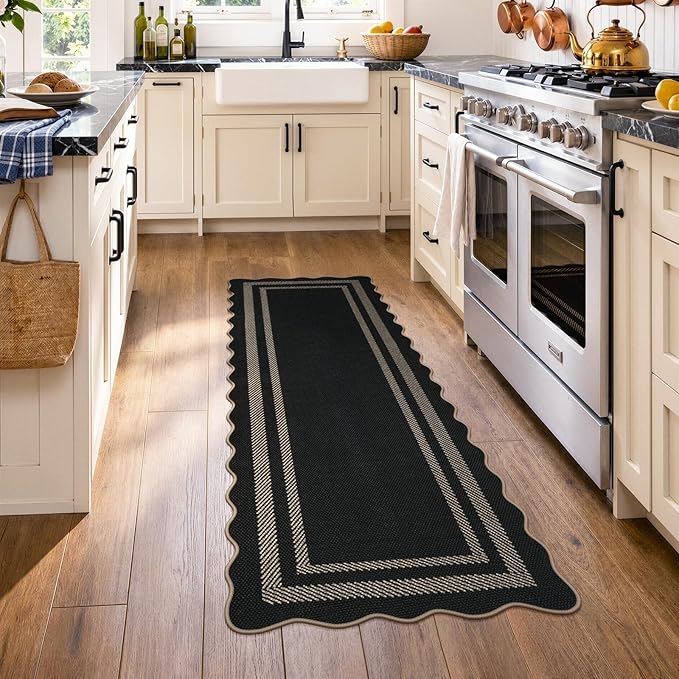 LIVEBOX Scalloped Easy Jute Kitchen Runner Rug, 2x6 Hallway Runner Black Rugs for Entryway, Indoor Outdoor Washable Non Slip Rug Farmhouse Modern Carpet Door Mat for Porch Bedroom Laundry 6ft Entry