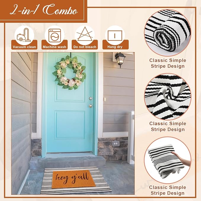 2 Pcs Outdoor Door Mat Combo Set Layered Outdoor Rug and Coir Welcome Doormat Non Slip Outside Floor Mat for Front Porch Entryway Patio Yard Decor(Hey Y'all,24'' X 35'',24'' X 16'')