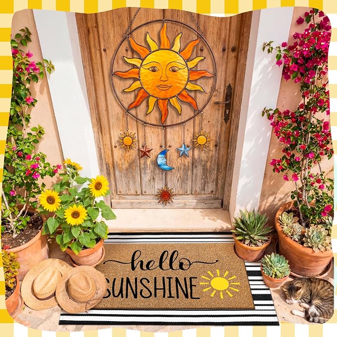 Moucuny 2 Pcs Summer Hello Sunshine Coir Door Mat 24'' x 35'' Black and White Striped Outdoor Rug 16'' x 28'' Yellow Sunshine Coir Doormat Non Slip Seasonal Welcome Doormat for Porch Front Decor