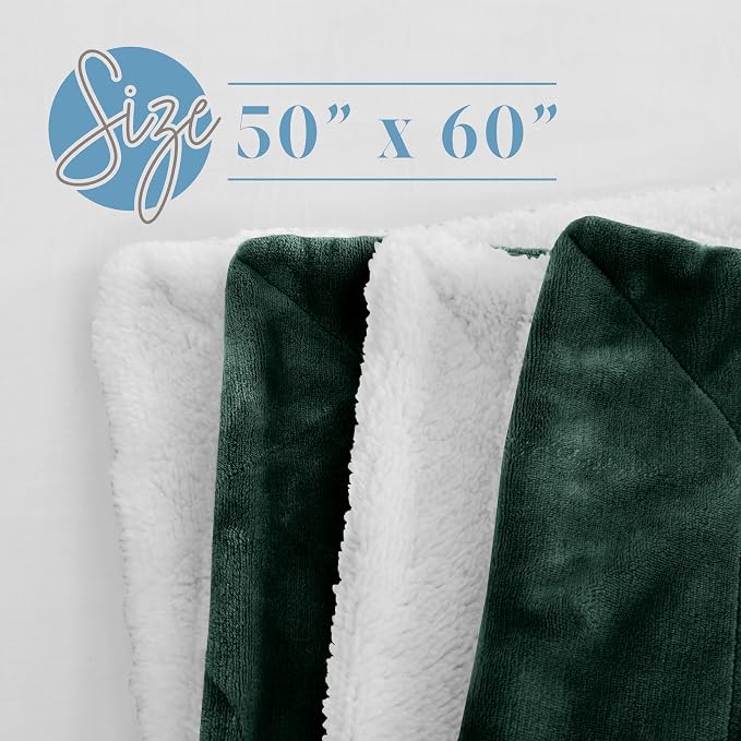 Elegant Comfort Reversible, Solid Sherpa Throw Blanket, All-Season Blanket- Super Soft, Cozy and Plush- Decorative Throw, Perfect for Lounging, 50 x 60 inches, Sherpa Throw Hunter Green