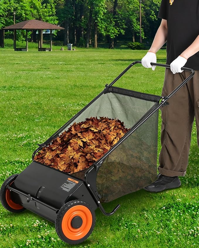 26-Inch Push Lawn Sweeper, 7 Cu. Ft. Hopper Capacity Leaf & Grass Collector | 4 Spinning Brushes, Adjustable Brush Height, Heavy Duty Steel Frame, Manual Yard Sweeper for Leaves & Grass Clippings, Black