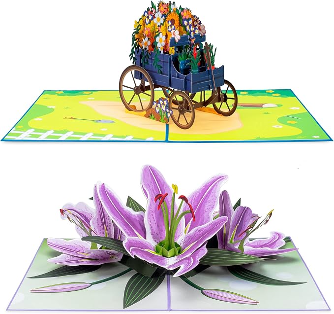 Paper Love Pop Up Cards 2 Pack - Includes 1 Flower Wagon and 1 Purple Lilies, For All Occasions, Mother Day, Birthday, Just Because- Includes Envelope and Note Tag