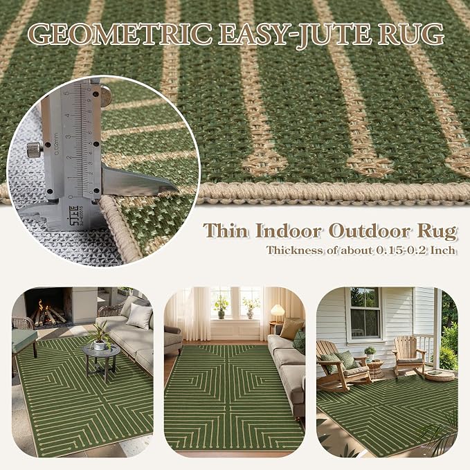 Lahome Neutral Easy Jute Outdoor Rug 5x7, Green Rug for Living Room | Farmhouse Rhombus Non Slip Non Shedding Low Pile Dining Room Carpet for Under Table Patio