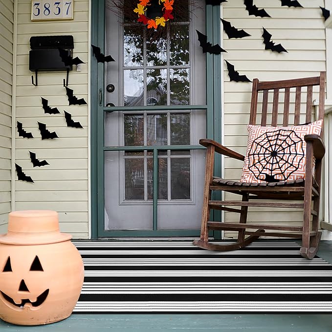 LEEVAN 4'X6' Black and White Striped Woven Cotton Reversible Outdoor Rug | Machine Washable Front Porch Rug, Entryway Door Mat, Indoor Layering Carpet for Balcony Farmhouse Laundry Farmhouse
