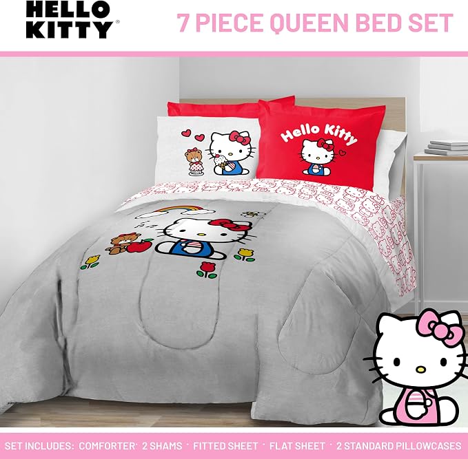 Sanrio Hello Kitty Queen Comforter Set 7 Piece Bedding for Girls, Grey | Bed in a Bag, Comforter Sheets Shams Pillowcases, Official Product, Soft Microfiber, Machine Washable, Girls Gift