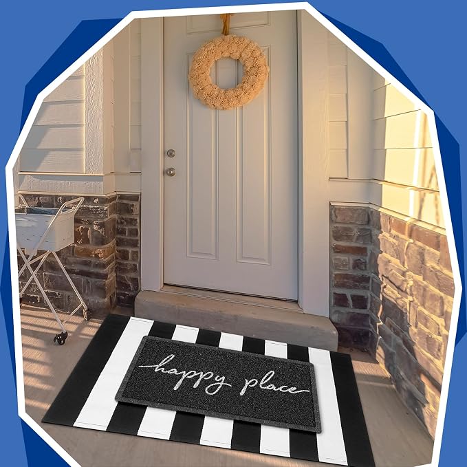 Geelin 2 Pcs 30'' x 18'' Doormat 43'' x 27.5'' Black and White Layered Rug for Front Door Mat Outside Entrance Welcome Door Mats for Indoor Outdoor Entryway Porch Decor(Stripe Happy Place)