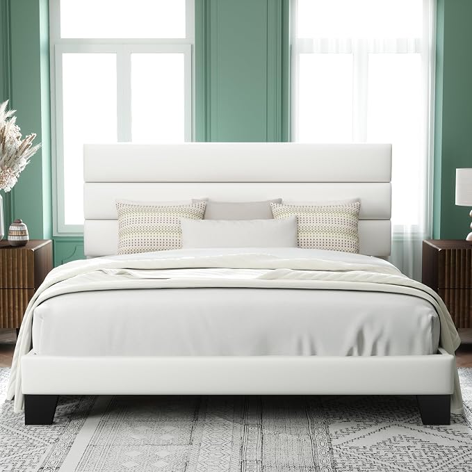Allewie King Size Platform Bed Frame with Velvet Upholstered Headboard | Wooden Slats Support, Fully Upholstered Mattress Foundation, No Box Spring Needed, Easy Assembly, Noise-Free, White