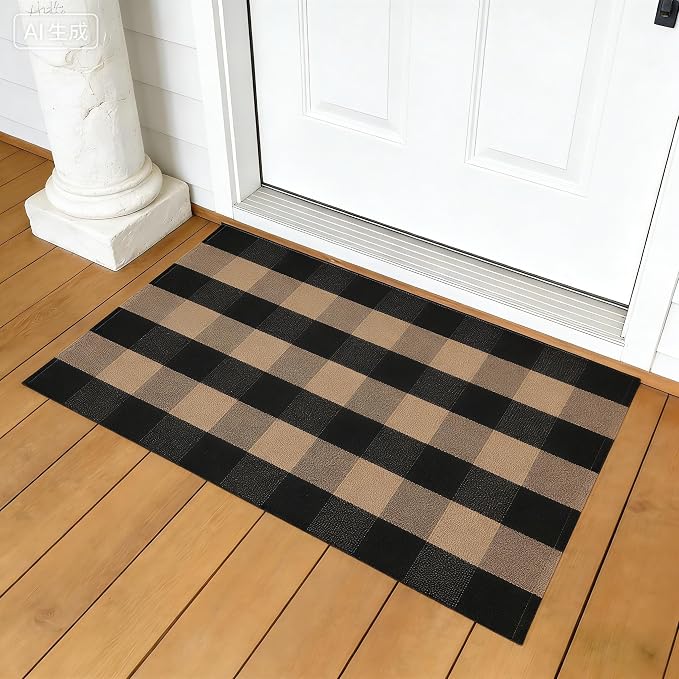 Brown and Black Buffalo Plaid Rug 2'4'' x 3'7'', Washable Farmhouse Non-Slip Checkered Doormat, Indoor Outdoor Floor Mat for Living Room, Bedroom, Entryway, Kitchen, Laundry Room