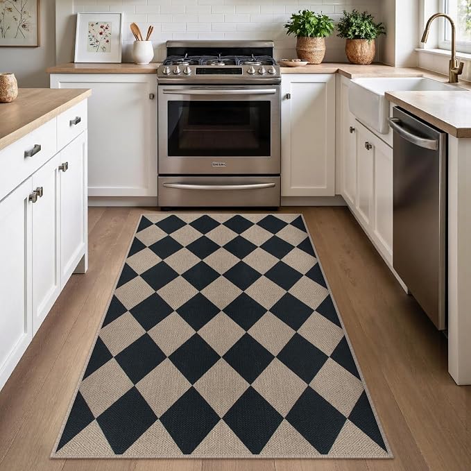 Rugalia Easy Jute Small Outdoor Patio Rug, 3x5 Black Checkered Entryway Rug Washable Modern Diamond Kitchen Rugs, Non-Slip Neutral Farmhouse Throw Carpet for Living Room Porch Backyard