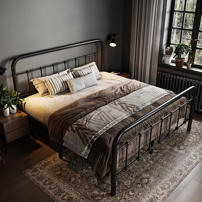 Allewie Queen Metal Bed Frame with Victorian Iron-Art Headboard, Black | Victorian Style Wrought Iron-Art Headboard/Footboard, Easy Assembly, Under Bed Storage, No Box Spring Required