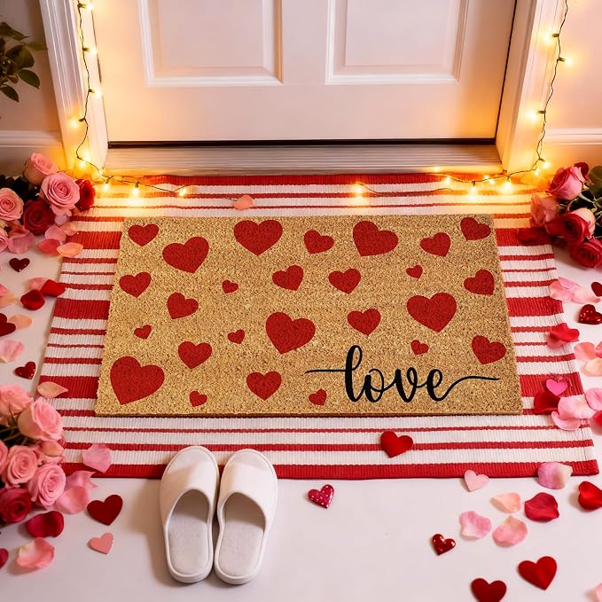 Moucuny 2 Pcs Valentine's Day Coir Welcome Doormat Outdoor Valentine's Day Love Heart Rug Layered Red and White Stripe Mat Red Heart Mat for Front Porch Outdoor Entryway