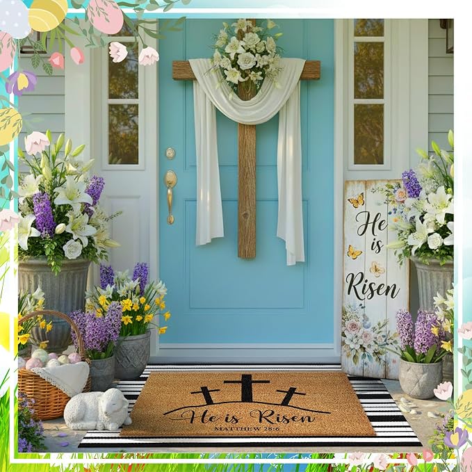 Moucuny 2 Pcs Easter Coir Doormat Outdoor Mat He is Risen Welcome Door Rug Layered Black and White Stripe Rug Coir Easter Mat for Outdoor Front Porch Entryway Decor