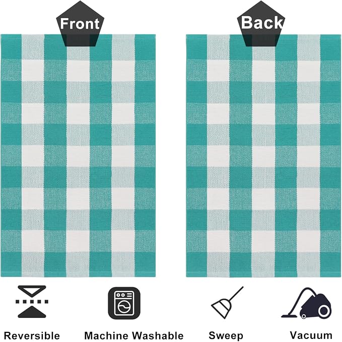 Spring Rugs Green and White Plaid, 3'x5' Area Rug Outdoor Indoor Easter Front Porch Doormat Cotton Hand-Woven Layered Door Mats for Entryway Patio Entryway Laundry Bedroom Living Room
