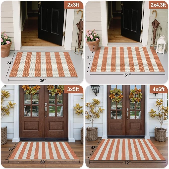 OJIA Front Door Mat 24"x36" Cotton Woven Washable Striped Porch Rug Indoor Outdoor Doormat Small Outdoor Rugs Farmhouse Entry Kitchen Throw Rug for Layered Door Mats (Orange/White/Tan)