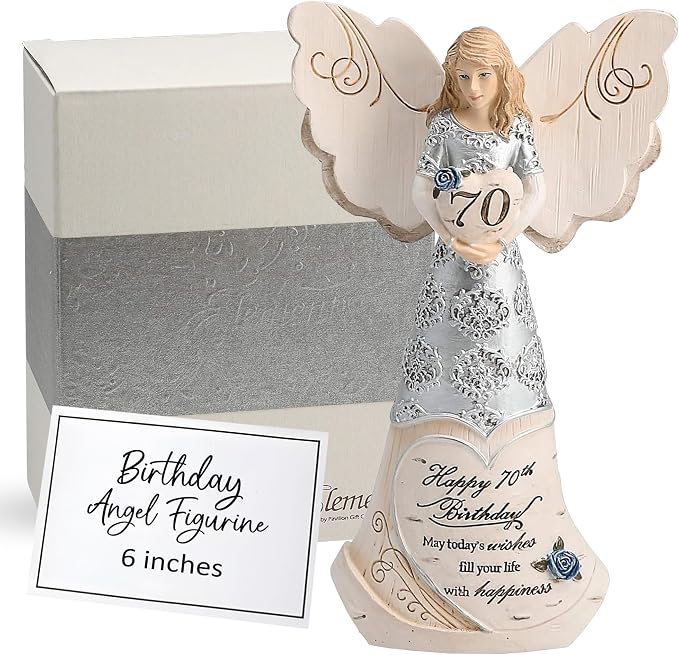 Pavilion 'Happy 70th Birthday' 82416 Elements Angels - Polyresin Birthday Angel Figurine - Silver Hand-Painted Remembrance and Keepsake Gift Angel for Grandmothers, Mothers, Aunts, Friends, Women