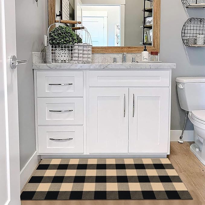 KOZYFLY Buffalo Plaid Area Rugs 2x4.3 Ft Brown and Black Checkered Rug Washable Front Door Mat Hand Woven Cotton Outdoor Rugs Small Rug for Front Porch Kitchen Entryway Patio Bathroom