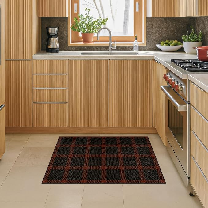 2x3 Entryway Door Mat Indoor – Washable Non Slip Small Rug for Front Door, Kitchen Sink, Mudroom, Garage Entry, Low Profile Easy Clean Farmhouse Plaid Floor Mat