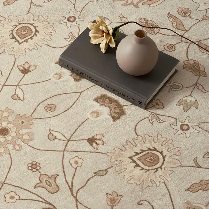 EVERGRACE Area Rugs for Living Room 8x10, Boho Floral Faux Wool Indoor Outdoor Rugs, Washable Rugs for Bedroom Dining Room Entryway Kitchen, Low Pile Floor Mat Carpet for Home Decor, Natural Beige