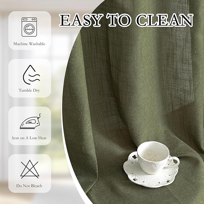 MYSKY HOME 95 Inch Semi Sheer Sliding Door Curtains Farmhouse Light Filtering Window Curtain Drapes for Patio Living Room, Linen Look Texture Fabric Bohemian Draperies, 50x95, Olive Green, 2 Panels
