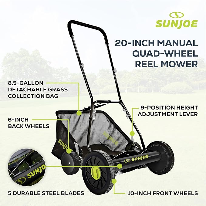 Sun Joe Manual Push Reel Lawn Mower with 8.5-Gal Grass Catcher, 20-Inch Cutting Width - Heavy-Duty Yard Trimmer Machine for Gardening Care and Maintenance, MJ502M