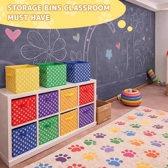 Kathfly 6 Pcs 11" Colorful Fabric Classroom Storage Bins Paw Print Themed Cubby Bins Storage Baskets with Handles for School Classroom Lost and Found Decor Office Home Organizer Supplies