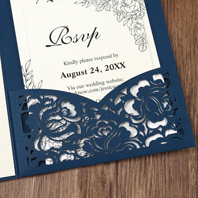 DORIS HOME Laser Cut Wedding Invitation Pockets, Blue, 5"x7" | 50pcs, With Envelopes, For Wedding & Anniversary, No Inserts Included