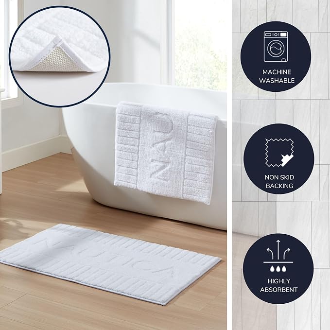 Nautica - Bath Rugs, Soft & Absorbent Plush Bath Mat with Skid Resistant Backing, Oeko-Tex Certified (Nautica Logo White, 2-Piece)