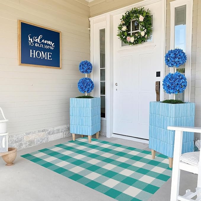 SEEKSEE Buffalo Plaid Outdoor Rug 3' x 5' Light Blue and White Front Door Mat, Layering Rug for Porch, Spring Summer Doormat, Front Porch Rug for Outdoor Entrance Entryway Patio Porch Decor