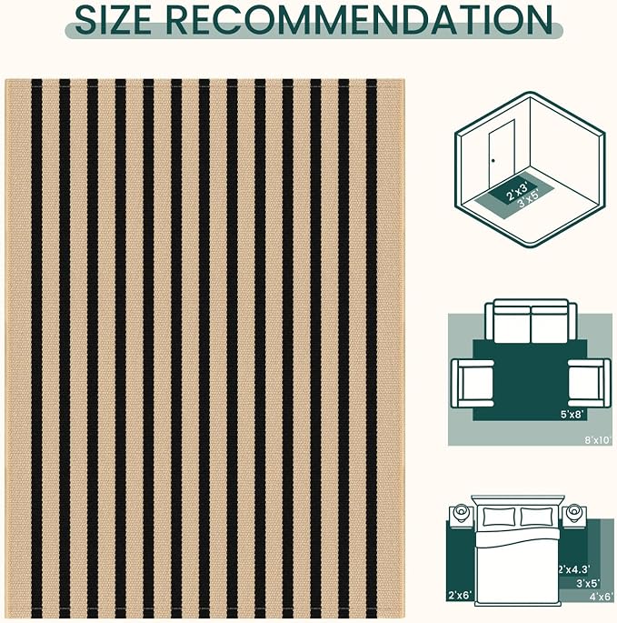 KOZYFLY Brown and Black Striped Runner Rug 2x4.3 ft Cotton Woven Washable Indoor Outdoor Doormat Small Front Door Rug for Entryway Porch Kitchen Hallway Patio Laundry Room