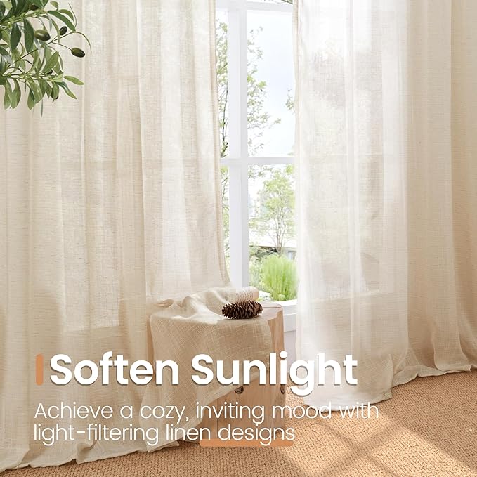 BGment Natural Tan Linen Curtains 80 Inches Long for Living Room - Light Filtering Window Drapes with Rod Pocket Semi Sheer for Farmhouse Bedroom Decor Rustic, 2 Panels, 52 Inch Wide Each Panel