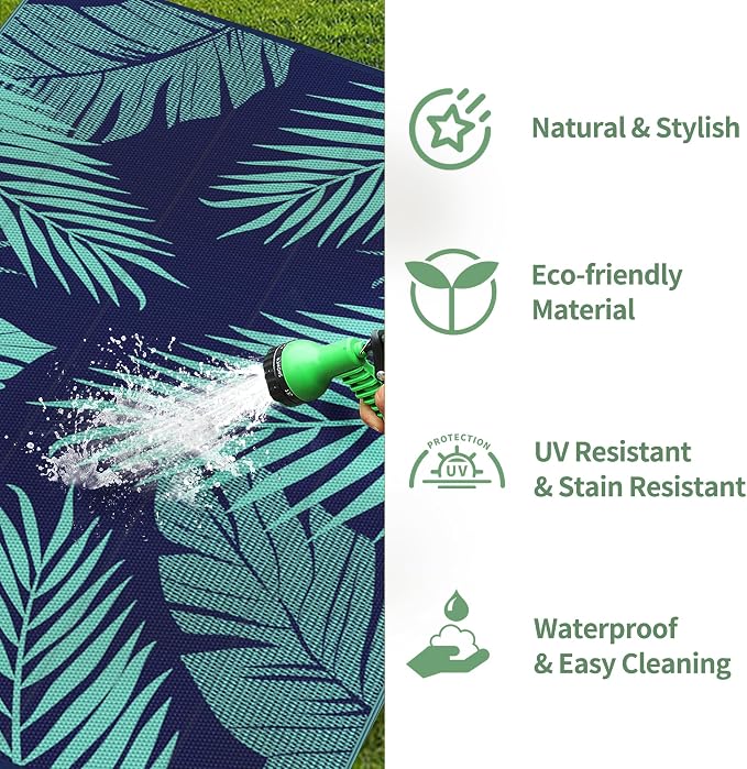 GENIMO Outdoor Rug, Waterproof Plastic Rugs for Patio, 8'x10' Blue Green | Outside Larger Leaf Carpet Mat for Porch Decor, Deck, Balcony, Camping, RV, Backyard, Picnic, Beach, Reversible, Foldable