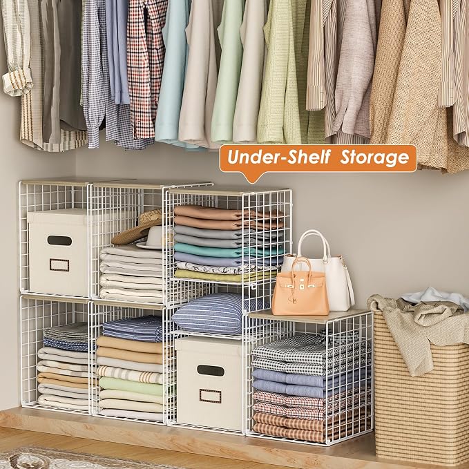 6 Tier Taller Closet Organizers and Storage, Stackable Closet Shelf Organizer with 2 Dividers for Clothes Towels Toys, Rv, Double Storage Design, Clothing Storage Basket for Wardrobe, White ﻿