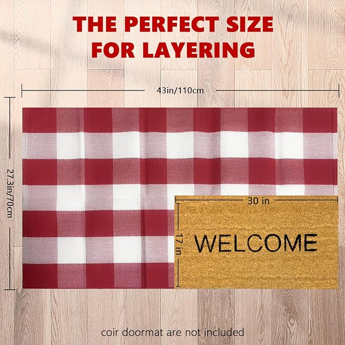 27.5"x43" Outdoor Rug, Red and White Front Door Mat, Cotton Woven Entryway Rug, Washable Layering Rug for Front Porch Christmas Outdoor Decor