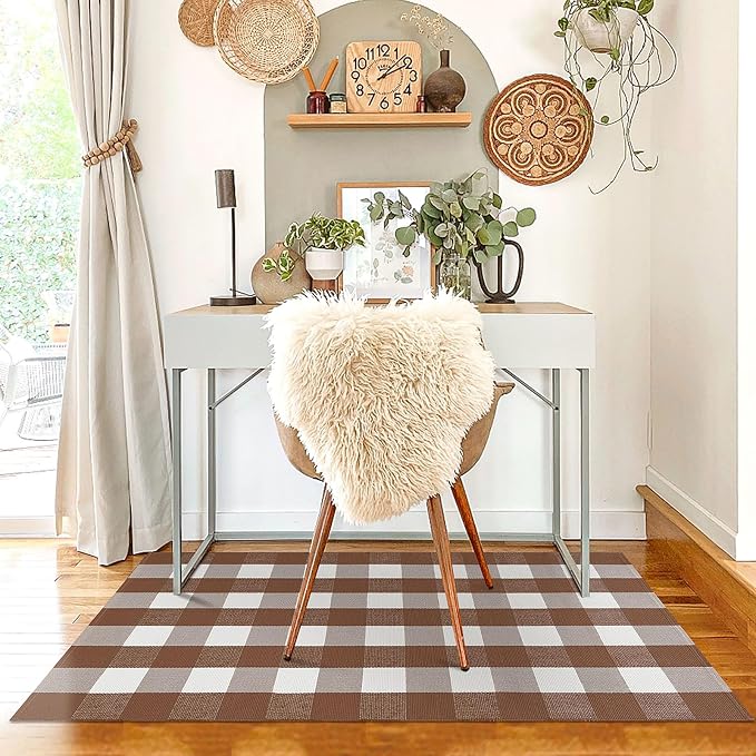 KILOCOCO Buffalo Plaid Checkered Rug 3x5 ft Brown and White Front Door Rug | Machine Washable Front Porch Rug, Outdoor Indoor Entryway Rug, Cotton Layered Doormat, Low Pile Rugs for Kitchen Patio