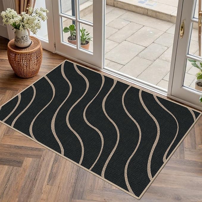 Easy Jute 2x3 Black Wave Area Rug,Washable Entryway Rug, Small Modern Door Carpet,Neutral Non-Slip Outdoor Indoor Farmhouse Rug for Kitchen Patio Entry Porch