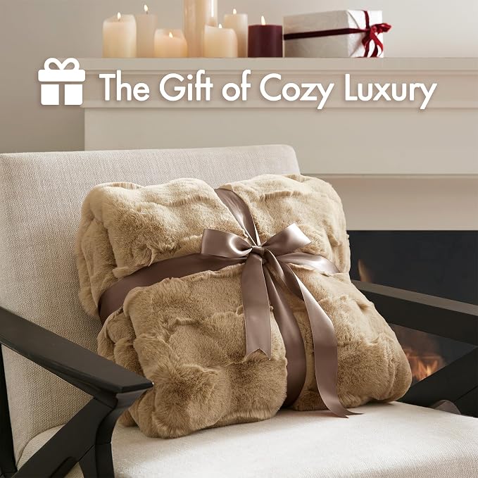Madison Park Vivienne Faux Fur Throw Blanket Velvet, 50 x 60, Tan | All Season, Cozy Warmth for Sofa or Bed, Reversible, Lightweight, OEKO-TEX Certified
