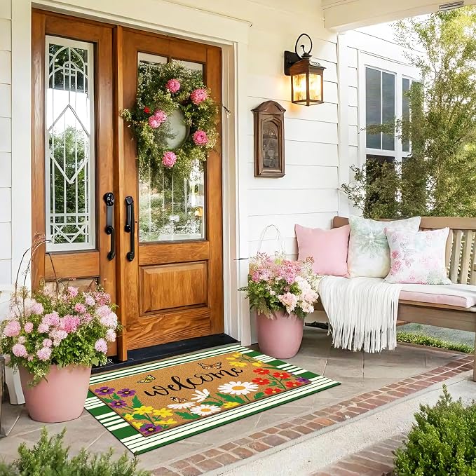 Tinideya 2 Pcs Door Mat Welcome Non Slip Coir Mats Floor Layering Doormats Seasonal for Front Porch Entryway Decor(Spring Flowers)