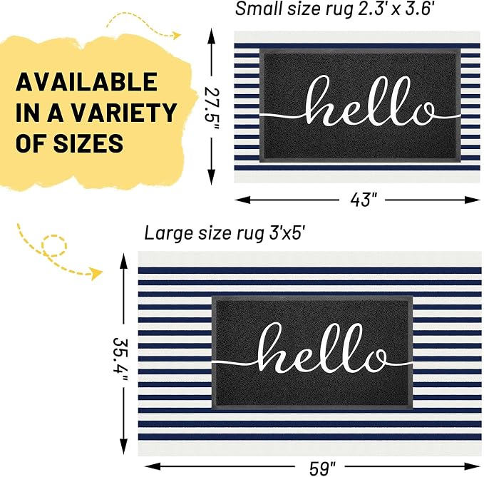 KILOCOCO Blue White Striped Rug 3'X5' Front Door Mat Outdoor Washable Rugs | Cotton Layered Doormats, Low Pile Front Porch Rug, Woven Indoor Rug for Kitchen Entryway, Farmhouse Patio Carpet